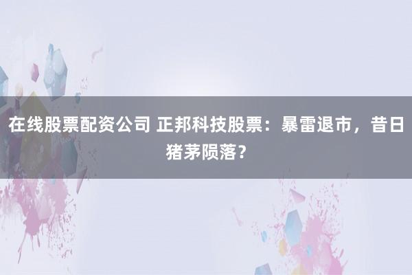 在线股票配资公司 正邦科技股票：暴雷退市，昔日猪茅陨落？
